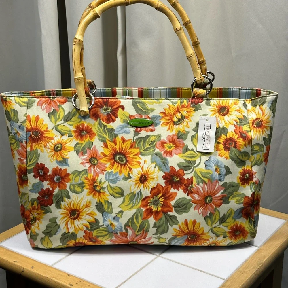 Longaberger Tote Bag Womens Large Yellow Floral Bamboo Handle New Tags